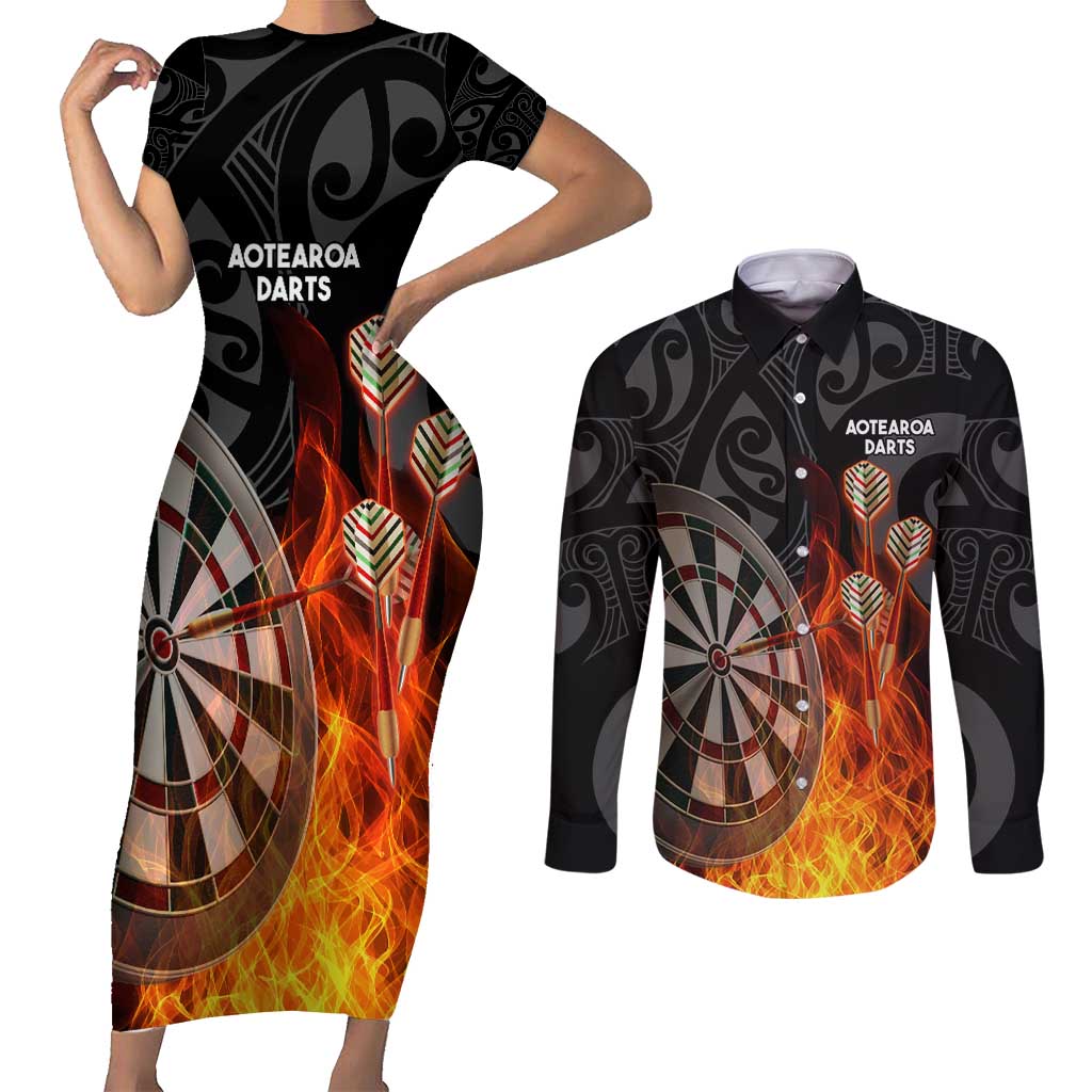 Personalised Aotearoa Darts Couples Matching Short Sleeve Bodycon Dress and Long Sleeve Button Shirt Maori Koru Flaming Dartboard LT14 Black - Polynesian Pride