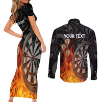 Personalised Aotearoa Darts Couples Matching Short Sleeve Bodycon Dress and Long Sleeve Button Shirt Maori Koru Flaming Dartboard LT14 - Polynesian Pride