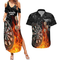 Personalised Aotearoa Darts Couples Matching Summer Maxi Dress and Hawaiian Shirt Maori Koru Flaming Dartboard LT14 Black - Polynesian Pride