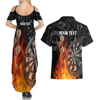 Personalised Aotearoa Darts Couples Matching Summer Maxi Dress and Hawaiian Shirt Maori Koru Flaming Dartboard LT14 - Polynesian Pride