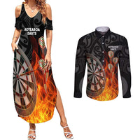 Personalised Aotearoa Darts Couples Matching Summer Maxi Dress and Long Sleeve Button Shirt Maori Koru Flaming Dartboard LT14 Black - Polynesian Pride