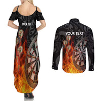 Personalised Aotearoa Darts Couples Matching Summer Maxi Dress and Long Sleeve Button Shirt Maori Koru Flaming Dartboard LT14 - Polynesian Pride