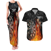 Personalised Aotearoa Darts Couples Matching Tank Maxi Dress and Hawaiian Shirt Maori Koru Flaming Dartboard LT14 Black - Polynesian Pride