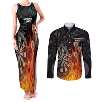 Personalised Aotearoa Darts Couples Matching Tank Maxi Dress and Long Sleeve Button Shirt Maori Koru Flaming Dartboard LT14 Black - Polynesian Pride