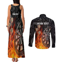 Personalised Aotearoa Darts Couples Matching Tank Maxi Dress and Long Sleeve Button Shirt Maori Koru Flaming Dartboard LT14 - Polynesian Pride