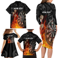 Personalised Aotearoa Darts Family Matching Long Sleeve Bodycon Dress and Hawaiian Shirt Maori Koru Flaming Dartboard LT14 - Polynesian Pride