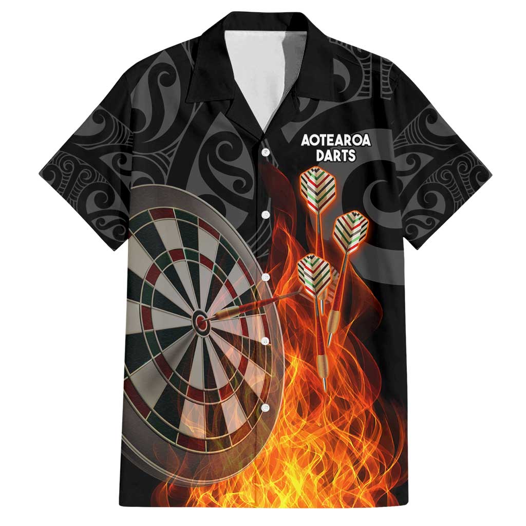 Personalised Aotearoa Darts Family Matching Long Sleeve Bodycon Dress and Hawaiian Shirt Maori Koru Flaming Dartboard LT14 Dad's Shirt - Short Sleeve Black - Polynesian Pride