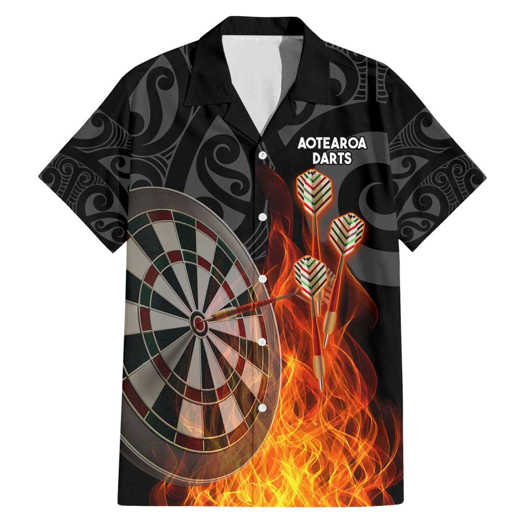 Personalised Aotearoa Darts Family Matching Mermaid Dress and Hawaiian Shirt Maori Koru Flaming Dartboard LT14 Dad's Shirt - Short Sleeve Black - Polynesian Pride