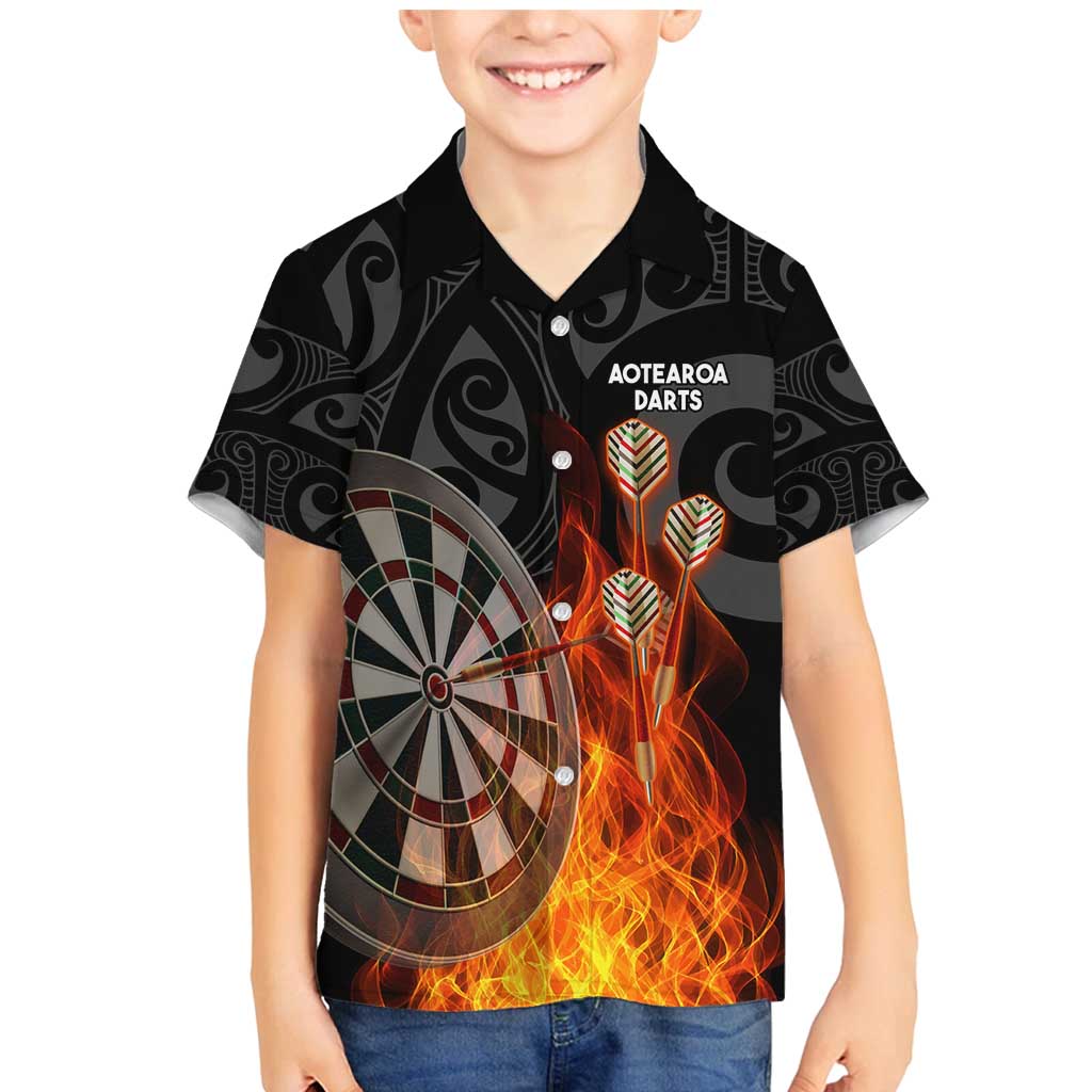 Personalised Aotearoa Darts Family Matching Mermaid Dress and Hawaiian Shirt Maori Koru Flaming Dartboard LT14 Son's Shirt Black - Polynesian Pride