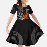 Personalised Aotearoa Darts Family Matching Off The Shoulder Long Sleeve Dress and Hawaiian Shirt Maori Koru Flaming Dartboard LT14 Daughter's Dress Black - Polynesian Pride