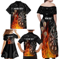Personalised Aotearoa Darts Family Matching Off Shoulder Maxi Dress and Hawaiian Shirt Maori Koru Flaming Dartboard LT14 - Polynesian Pride