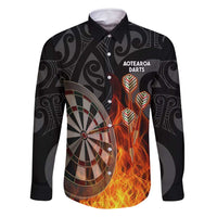 Personalised Aotearoa Darts Family Matching Off Shoulder Maxi Dress and Hawaiian Shirt Maori Koru Flaming Dartboard LT14 Dad's Shirt - Long Sleeve Black - Polynesian Pride