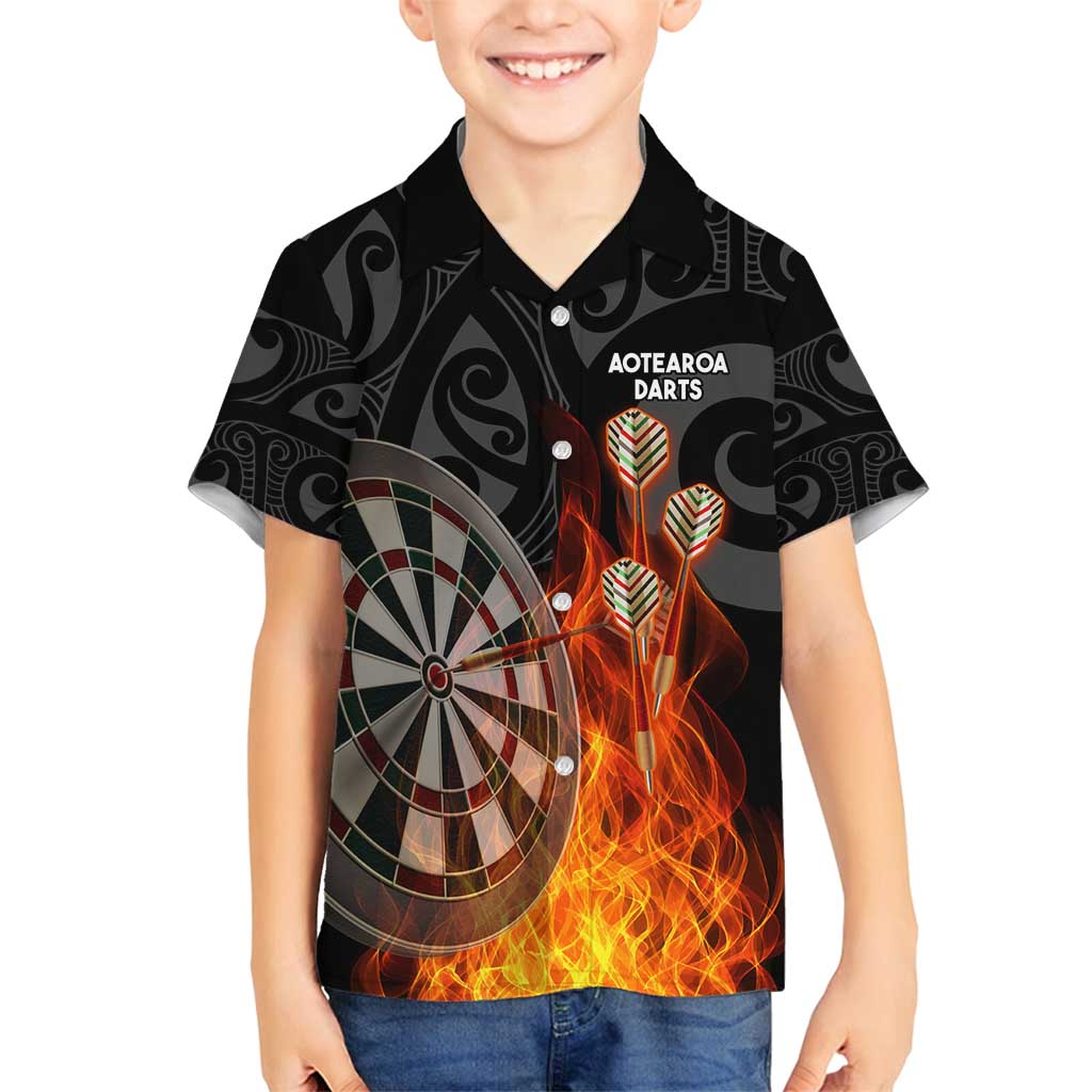 Personalised Aotearoa Darts Family Matching Off Shoulder Maxi Dress and Hawaiian Shirt Maori Koru Flaming Dartboard LT14 Son's Shirt Black - Polynesian Pride