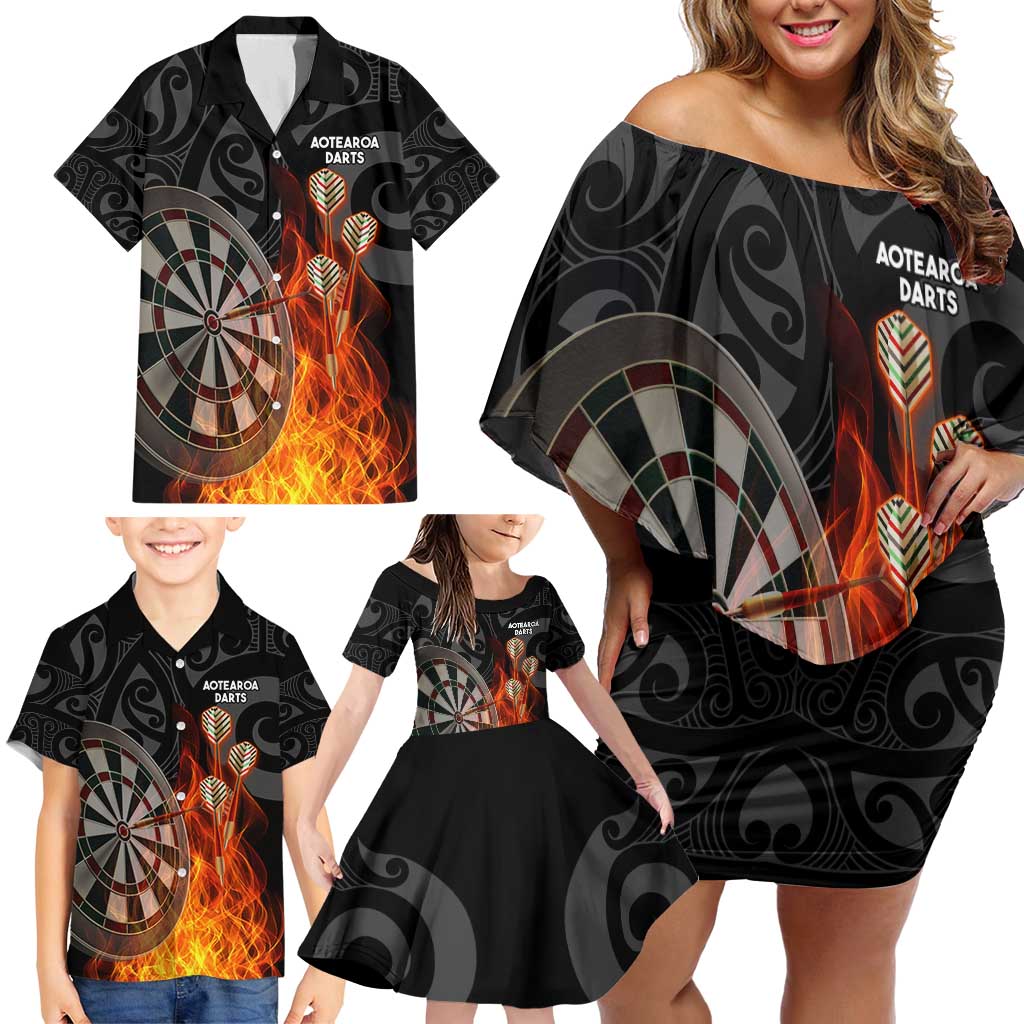 Personalised Aotearoa Darts Family Matching Off Shoulder Short Dress and Hawaiian Shirt Maori Koru Flaming Dartboard LT14 - Polynesian Pride