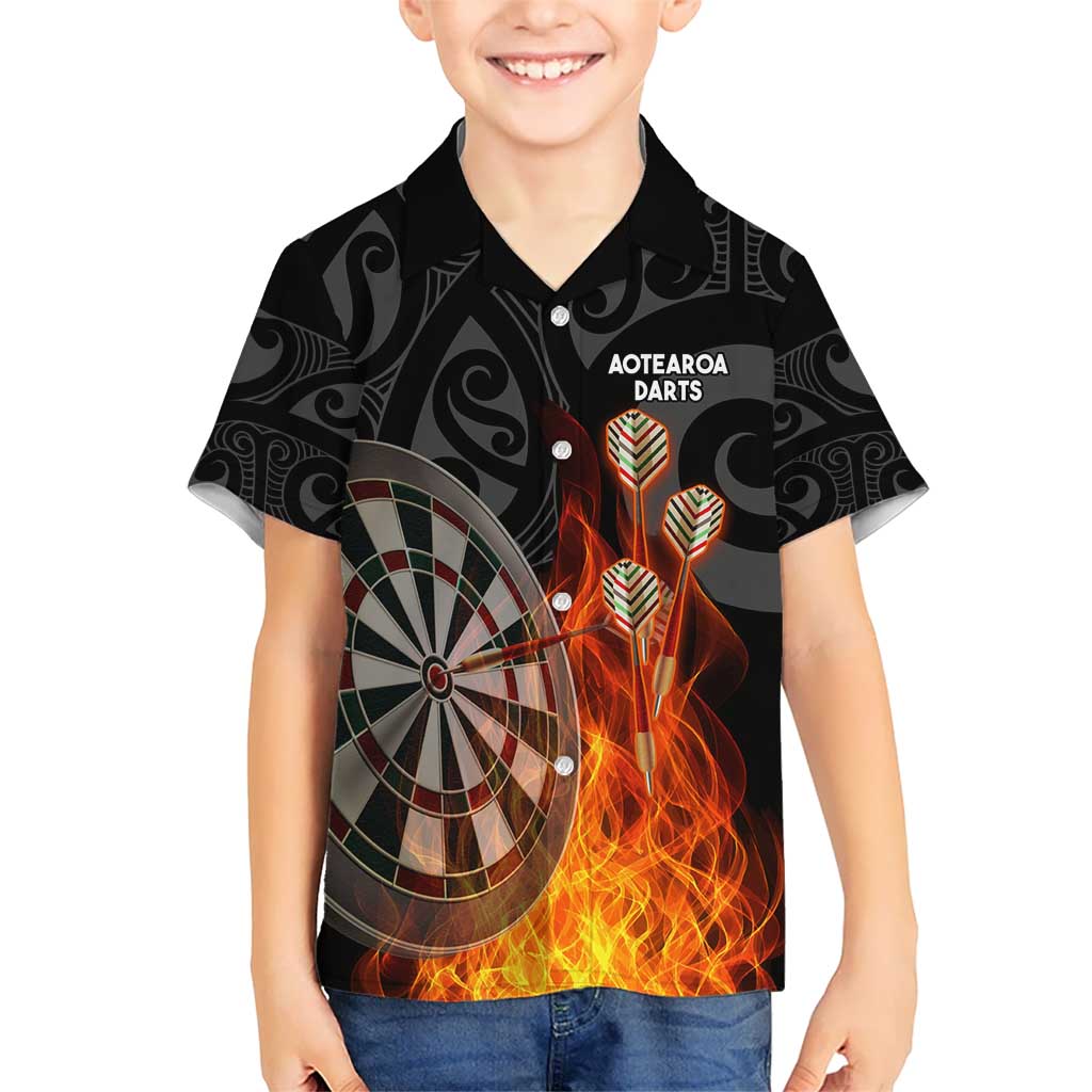 Personalised Aotearoa Darts Kid Hawaiian Shirt Maori Koru Flaming Dartboard LT14 Kid Black - Polynesian Pride