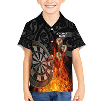 Personalised Aotearoa Darts Kid Hawaiian Shirt Maori Koru Flaming Dartboard LT14 Kid Black - Polynesian Pride