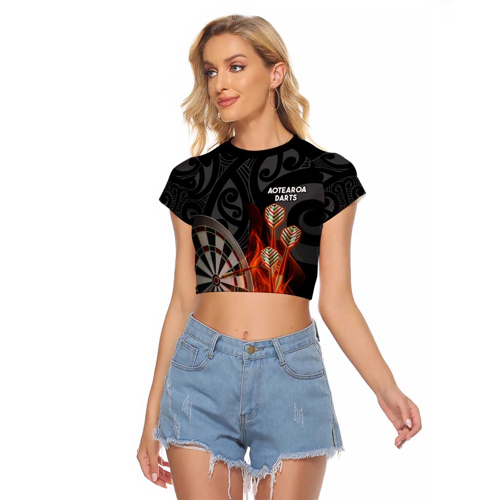 Personalised Aotearoa Darts Raglan Cropped T Shirt Maori Koru Flaming Dartboard