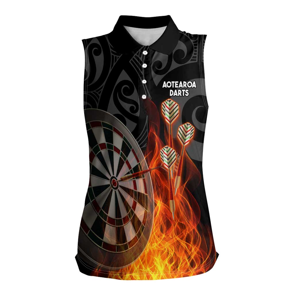 Personalised Aotearoa Darts Women Sleeveless Polo Shirt Maori Koru Flaming Dartboard LT14 Female Black - Polynesian Pride