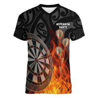 Personalised Aotearoa Darts Women V-Neck T-Shirt Maori Koru Flaming Dartboard LT14 Female Black - Polynesian Pride