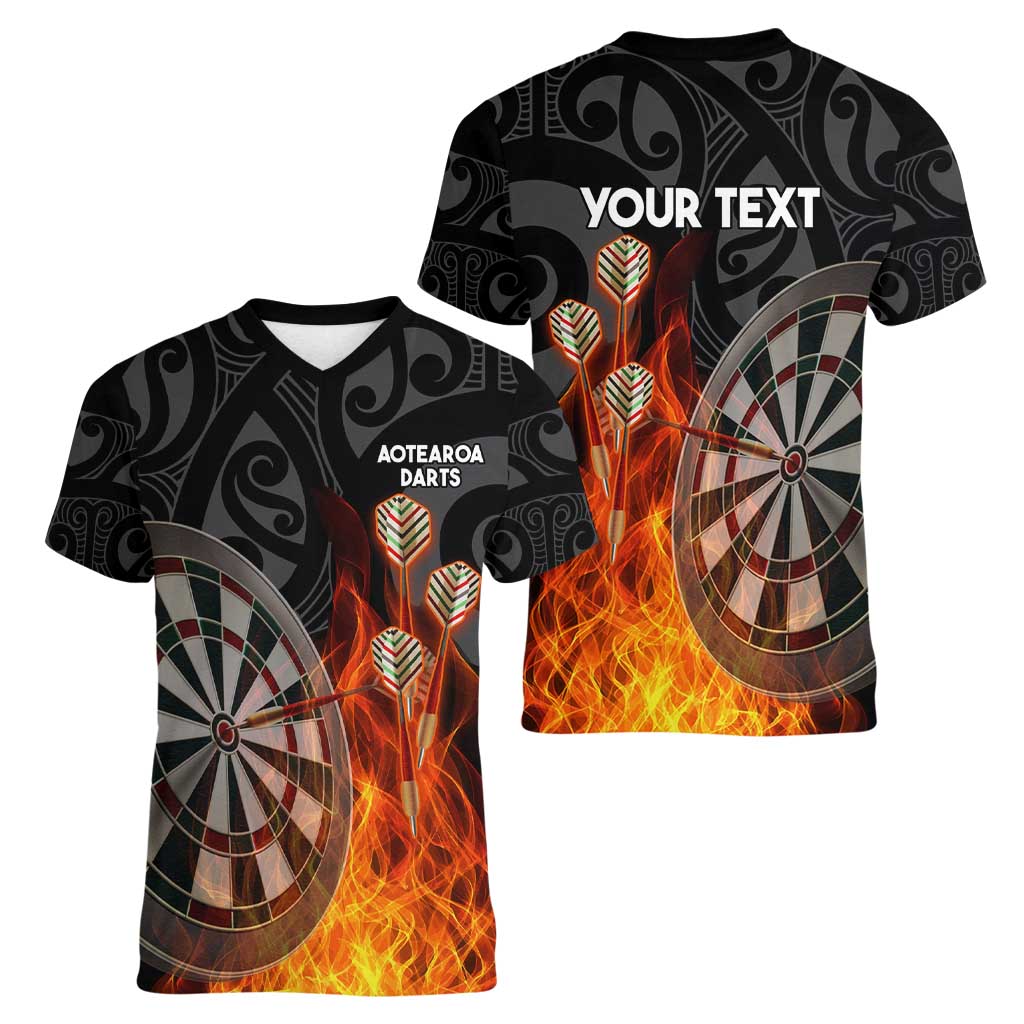 Personalised Aotearoa Darts Women V-Neck T-Shirt Maori Koru Flaming Dartboard LT14 - Polynesian Pride