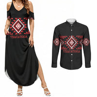 Aotearoa Atua Tumatauenga Personalised Couples Matching Summer Maxi Dress and Long Sleeve Button Shirt Maori God Of War Taniko Motifs LT14 Red - Polynesian Pride