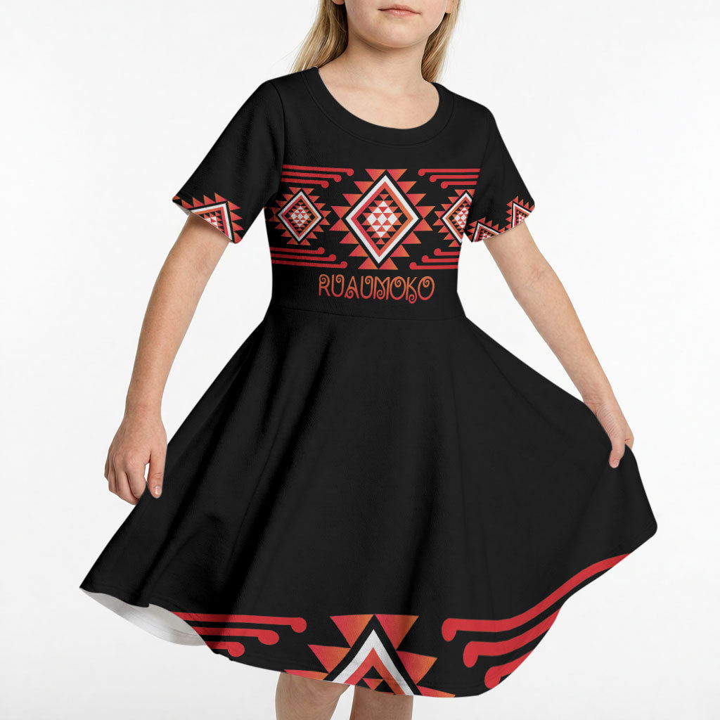 Aotearoa Atua Ruaumoko Personalised Kid Short Sleeve Dress Maori Powerful God Taniko Motifs LT14 - Polynesian Pride
