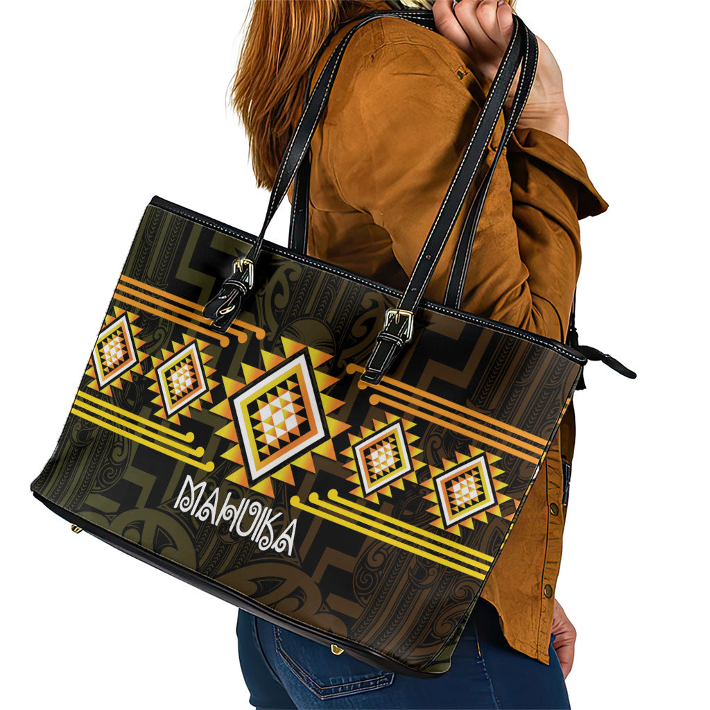 Aotearoa Atua Mahuika Leather Tote Bag Maori Goddess Of Fire Taniko Motifs LT14 - Polynesian Pride