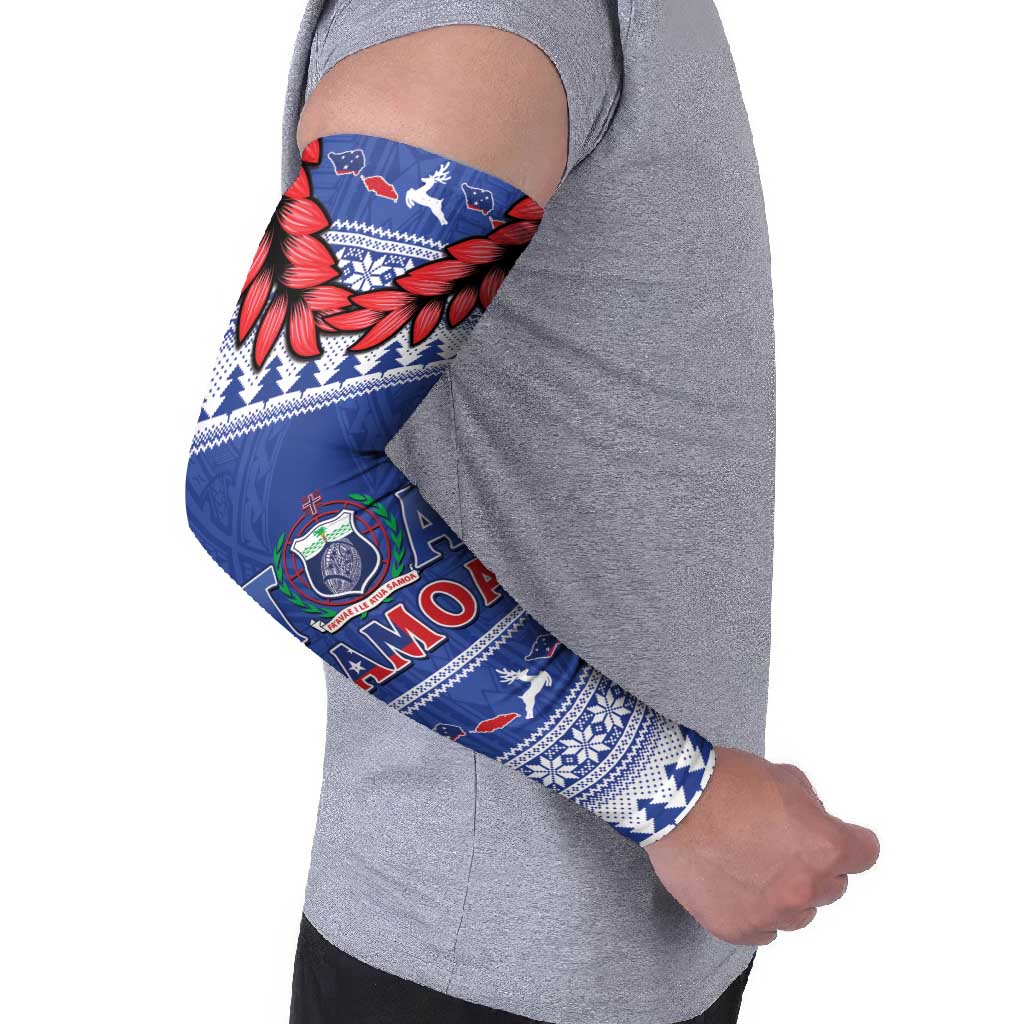 Personalised Toa Samoa Rugby Christmas Arm Sleeves Ula Fala Samoan Pattern Blue LT14 - Polynesian Pride