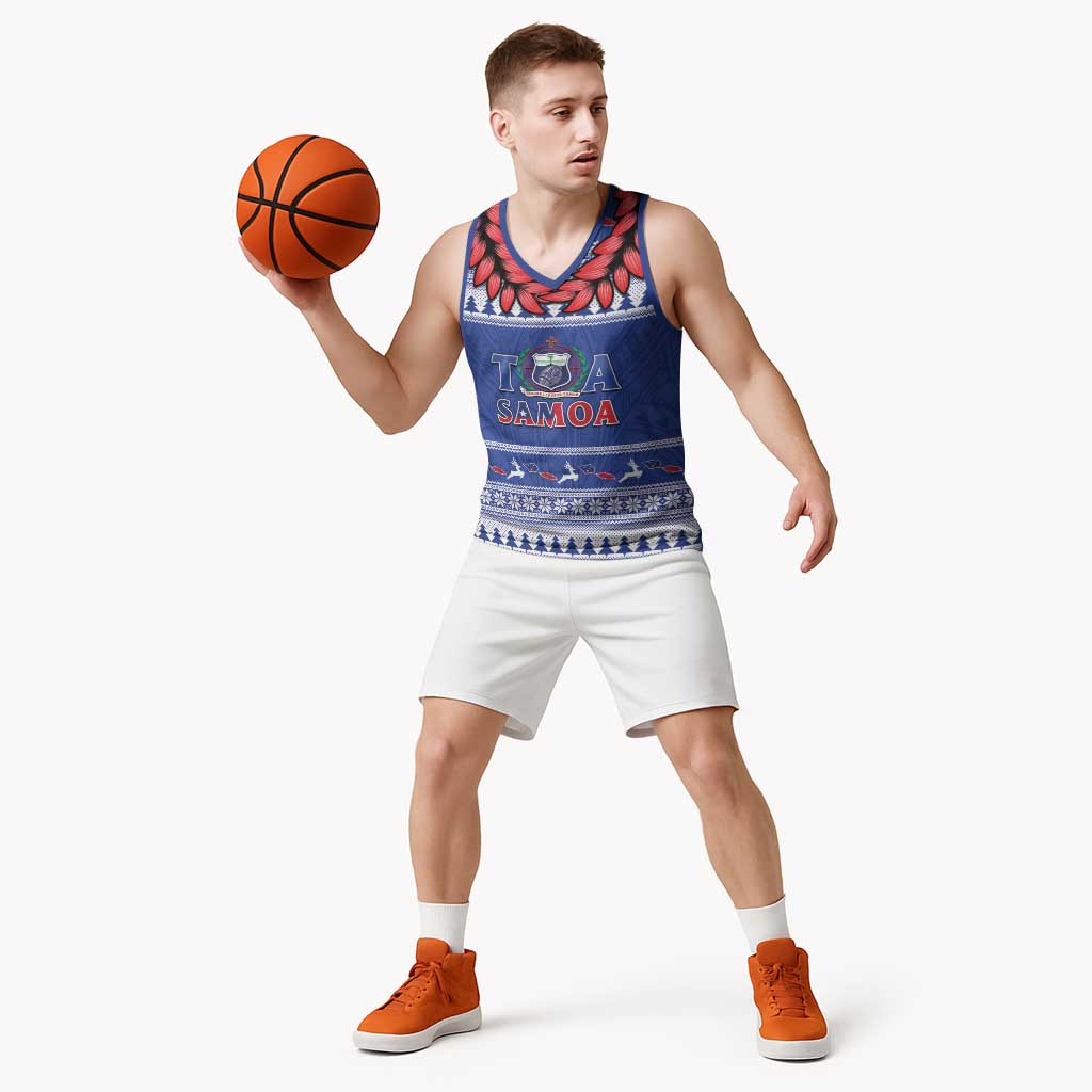 Personalised Toa Samoa Rugby Christmas Basketball Jersey Ula Fala Samoan Pattern Blue - Polynesian Pride