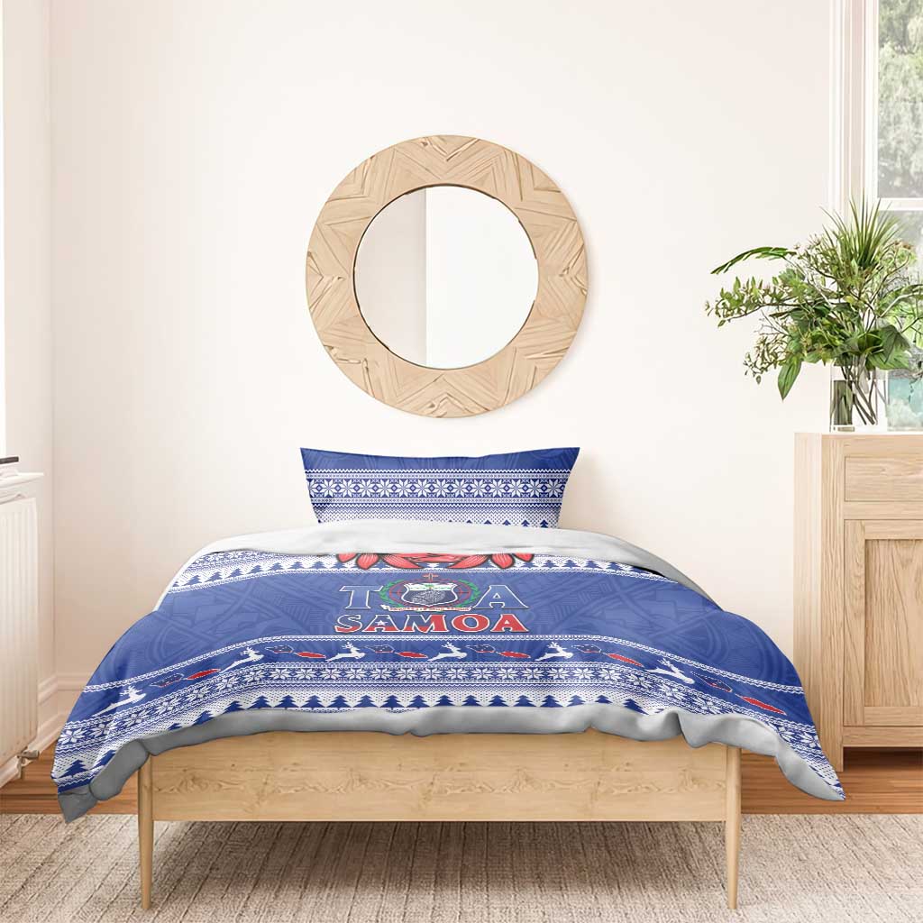 Toa Samoa Rugby Christmas Bedding Set Ula Fala Samoan Pattern Blue - Polynesian Pride