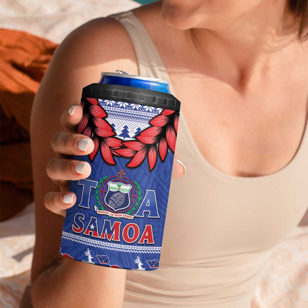 Toa Samoa Rugby Christmas 4 in 1 Can Cooler Tumbler Ula Fala Samoan Pattern Blue - Polynesian Pride