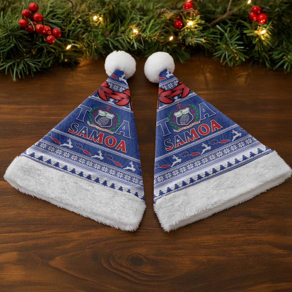 Toa Samoa Rugby Christmas Santa Hat Ula Fala Samoan Pattern Blue - Polynesian Pride