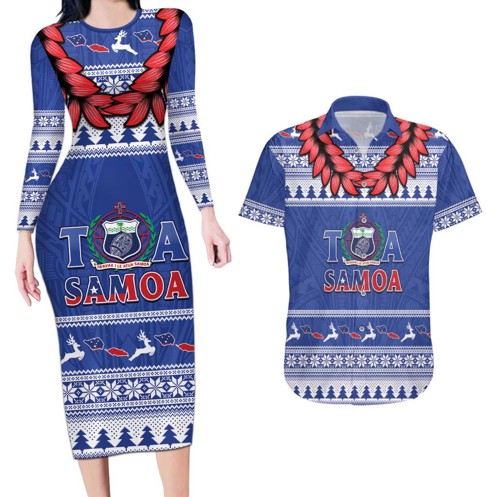Personalised Toa Samoa Rugby Christmas Couples Matching Long Sleeve Bodycon Dress and Hawaiian Shirt Ula Fala Samoan Pattern Blue LT14 Blue - Polynesian Pride