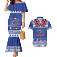 Personalised Toa Samoa Rugby Christmas Couples Matching Mermaid Dress and Hawaiian Shirt Ula Fala Samoan Pattern Blue LT14 Blue - Polynesian Pride