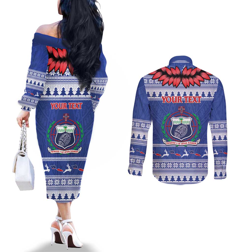 Personalised Toa Samoa Rugby Christmas Couples Matching Off The Shoulder Long Sleeve Dress and Long Sleeve Button Shirt Ula Fala Samoan Pattern Blue LT14 - Polynesian Pride