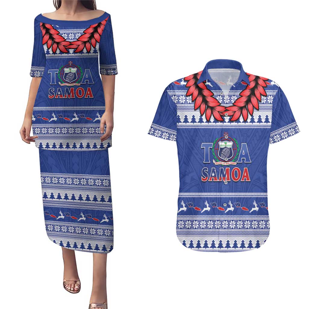Personalised Toa Samoa Rugby Christmas Couples Matching Puletasi and Hawaiian Shirt Ula Fala Samoan Pattern Blue - Polynesian Pride