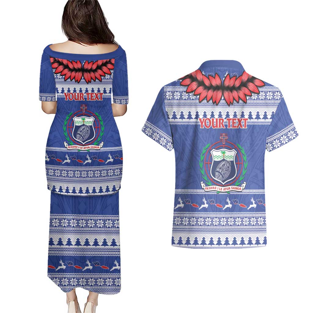 Personalised Toa Samoa Rugby Christmas Couples Matching Puletasi and Hawaiian Shirt Ula Fala Samoan Pattern Blue - Polynesian Pride