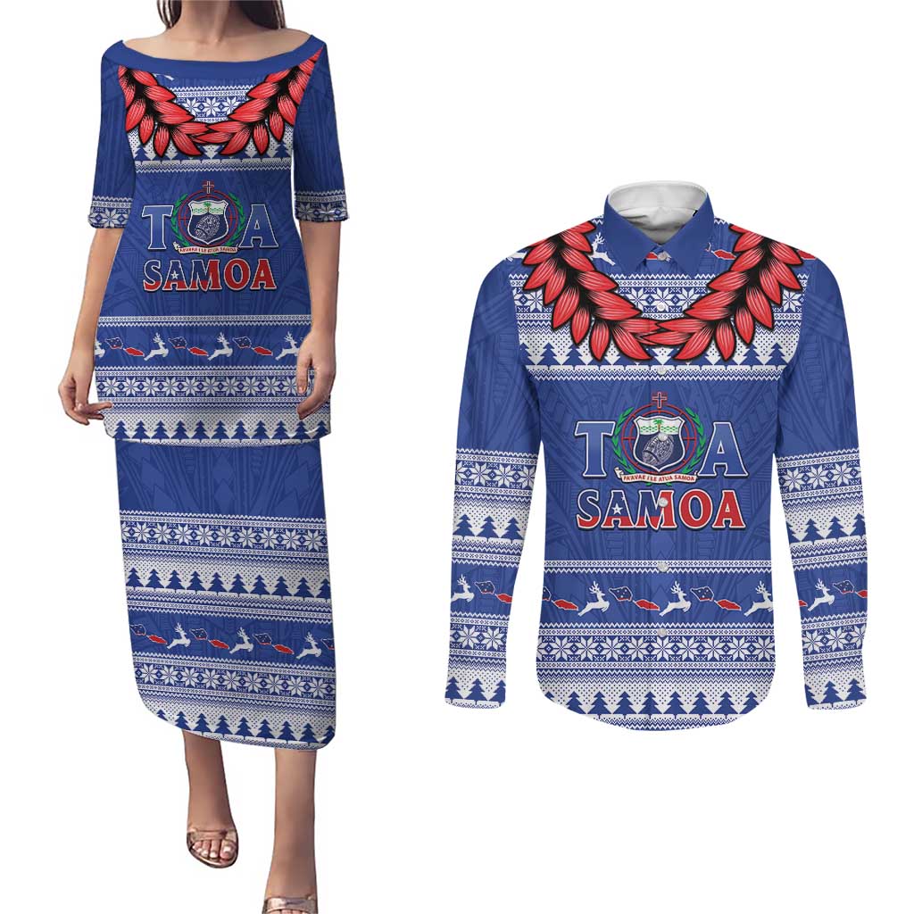 Personalised Toa Samoa Rugby Christmas Couples Matching Puletasi and Long Sleeve Button Shirt Ula Fala Samoan Pattern Blue - Polynesian Pride