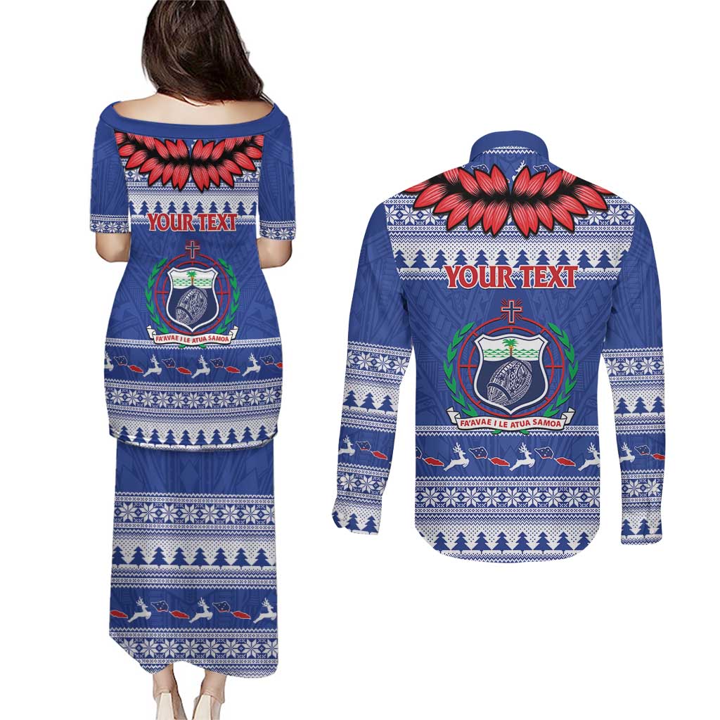 Personalised Toa Samoa Rugby Christmas Couples Matching Puletasi and Long Sleeve Button Shirt Ula Fala Samoan Pattern Blue - Polynesian Pride