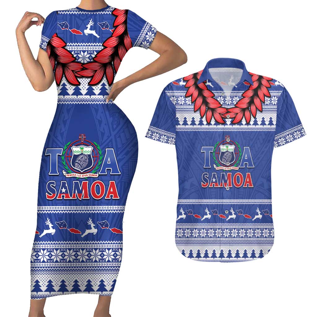 Personalised Toa Samoa Rugby Christmas Couples Matching Short Sleeve Bodycon Dress and Hawaiian Shirt Ula Fala Samoan Pattern Blue LT14 Blue - Polynesian Pride