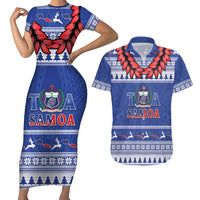Personalised Toa Samoa Rugby Christmas Couples Matching Short Sleeve Bodycon Dress and Hawaiian Shirt Ula Fala Samoan Pattern Blue LT14 Blue - Polynesian Pride