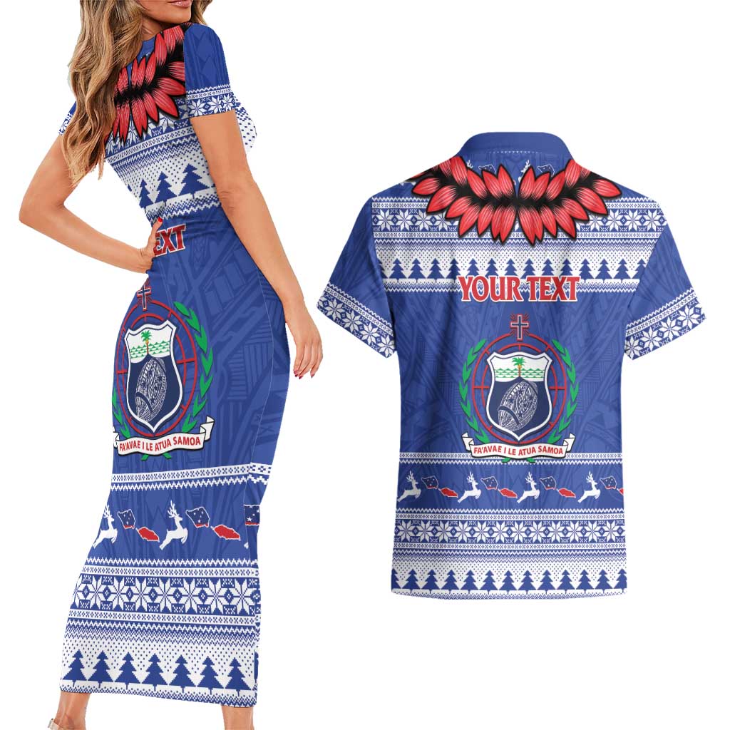 Personalised Toa Samoa Rugby Christmas Couples Matching Short Sleeve Bodycon Dress and Hawaiian Shirt Ula Fala Samoan Pattern Blue LT14 - Polynesian Pride