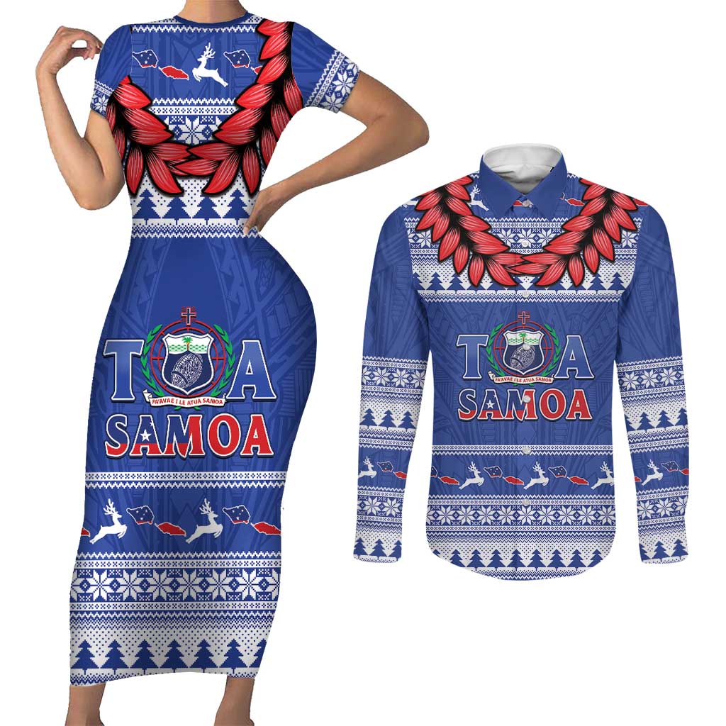 Personalised Toa Samoa Rugby Christmas Couples Matching Short Sleeve Bodycon Dress and Long Sleeve Button Shirt Ula Fala Samoan Pattern Blue - Polynesian Pride