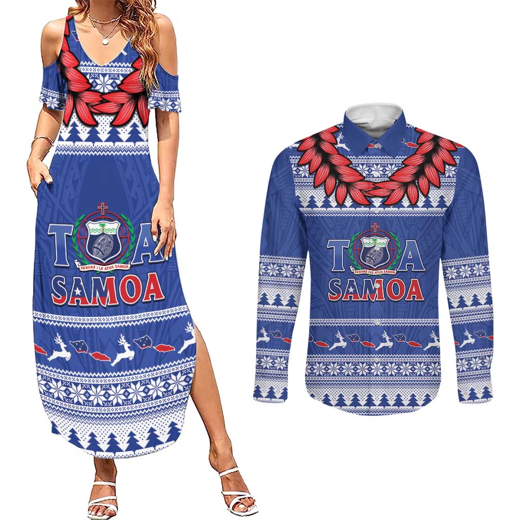 Personalised Toa Samoa Rugby Christmas Couples Matching Summer Maxi Dress and Long Sleeve Button Shirt Ula Fala Samoan Pattern Blue - Polynesian Pride