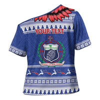 Personalised Toa Samoa Rugby Christmas Cross Shoulder Shirt Ula Fala Samoan Pattern Blue - Polynesian Pride