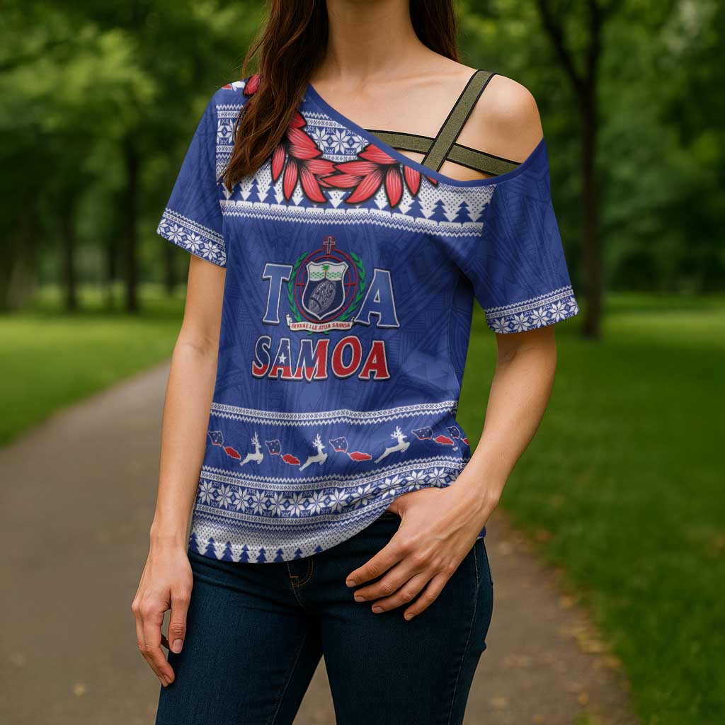 Personalised Toa Samoa Rugby Christmas Cross Shoulder Shirt Ula Fala Samoan Pattern Blue - Polynesian Pride
