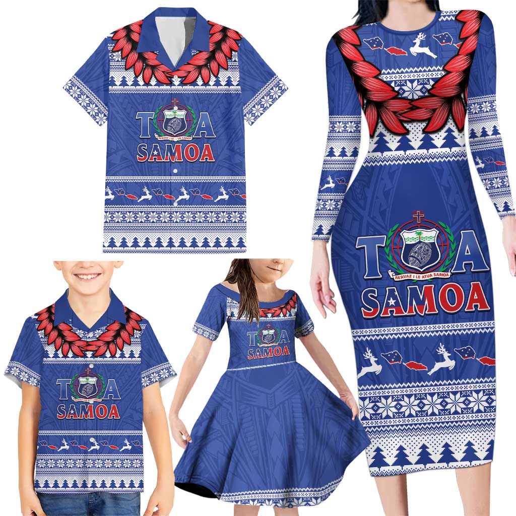Personalised Toa Samoa Rugby Christmas Family Matching Long Sleeve Bodycon Dress and Hawaiian Shirt Ula Fala Samoan Pattern Blue LT14 - Polynesian Pride