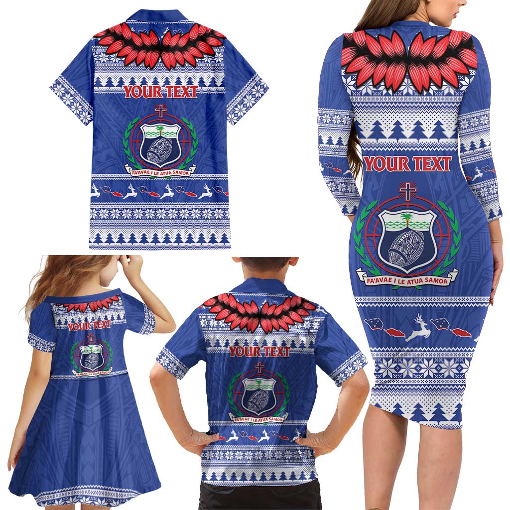 Personalised Toa Samoa Rugby Christmas Family Matching Long Sleeve Bodycon Dress and Hawaiian Shirt Ula Fala Samoan Pattern Blue LT14 - Polynesian Pride