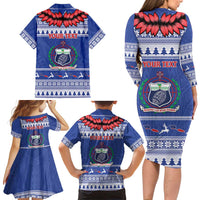 Personalised Toa Samoa Rugby Christmas Family Matching Long Sleeve Bodycon Dress and Hawaiian Shirt Ula Fala Samoan Pattern Blue LT14 - Polynesian Pride