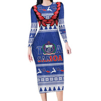 Personalised Toa Samoa Rugby Christmas Family Matching Long Sleeve Bodycon Dress and Hawaiian Shirt Ula Fala Samoan Pattern Blue LT14 Mom's Dress Blue - Polynesian Pride